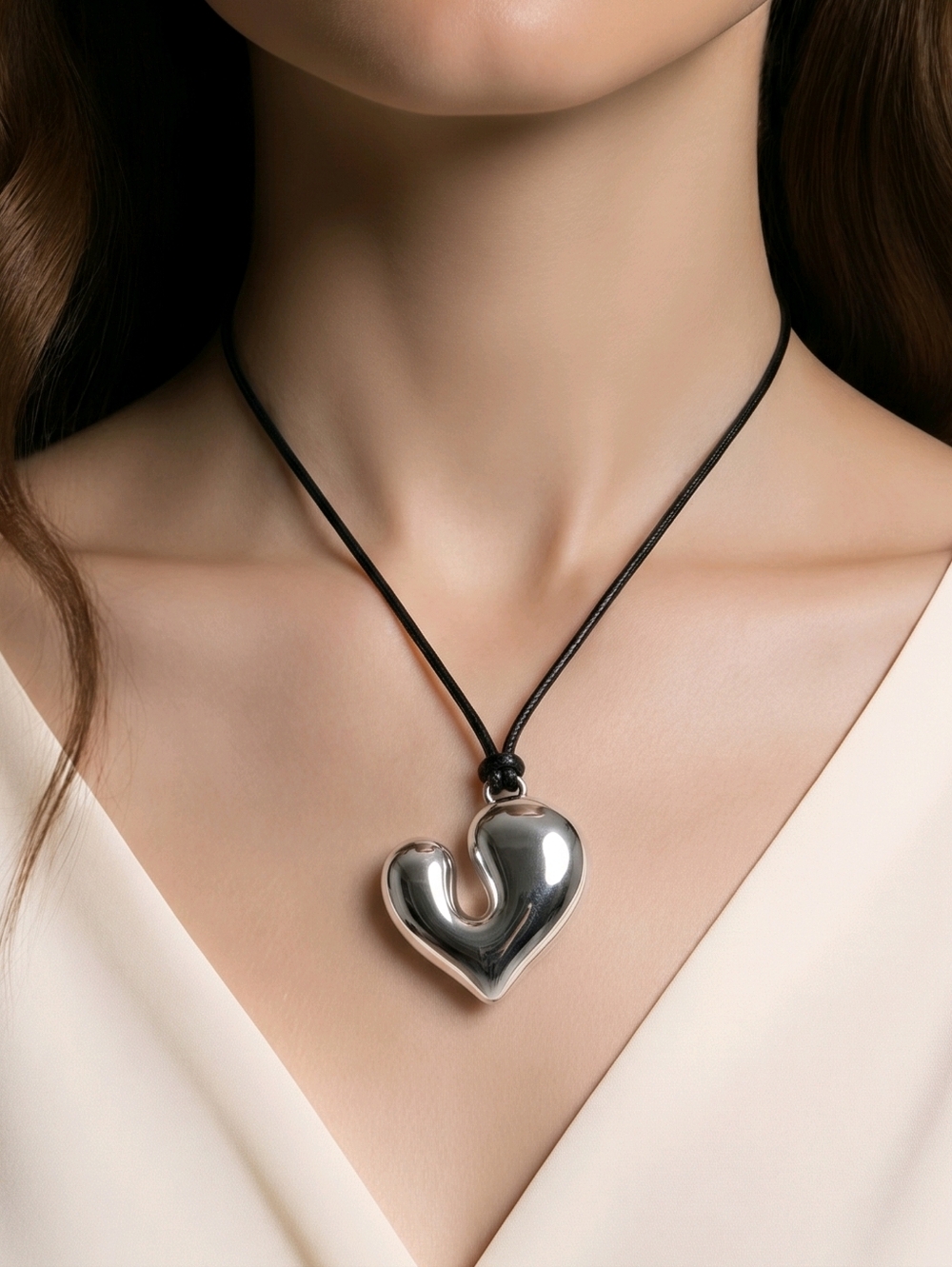 Zara Silver Puffy Heart Pendant Necklace Long Black Cord Y2K Sculptural Jewelry